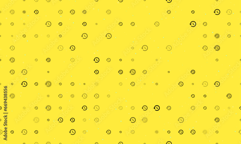 Seamless background pattern of evenly spaced black time back symbols of different sizes and opacity. Vector illustration on yellow background with stars