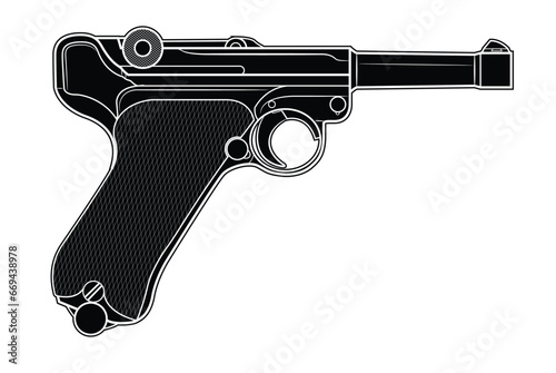 Vector illustration of the P08 Luger german automatic pistol on the white background. Black. Right side.