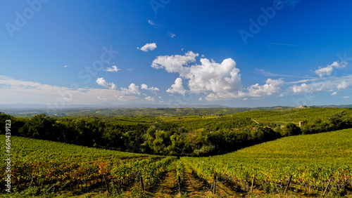 Le colline e i vigneti del Castello di Brolio sul percorso dell'Eroica . Panorama autunnale. Chianti, Toscana. Italia