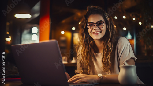 Portrait of happy young woman freelancer smiling and working online over laptop in home office in the evening with artificial warm lighting. Close-up. Copy space.