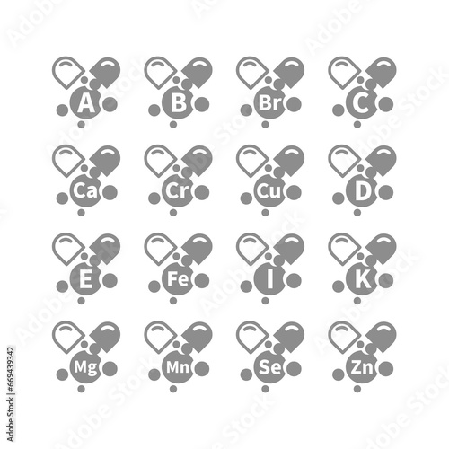 Vitamin C, B, D capsules vector icon set. Micronutrients and supplements, magnesium and zinc icons.
