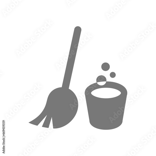 Mop or broom and bucket vector icon. Cleaning and housekeeping symbol.