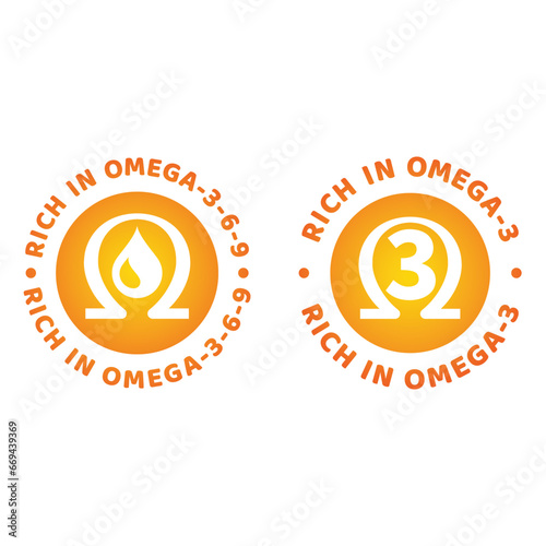Rich in omega 3 6 9 vector label. Omega oil natural food source icon.