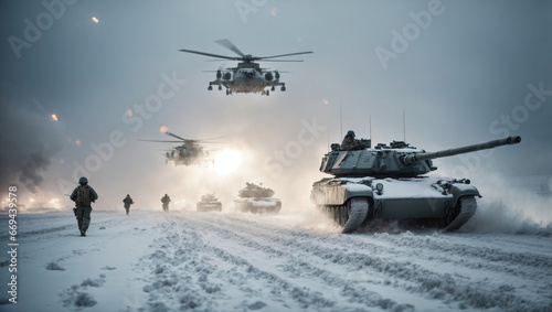Snowy battlefield Soldiers and tanks maneuver through a blizzard under the cover of military helicopters. photo