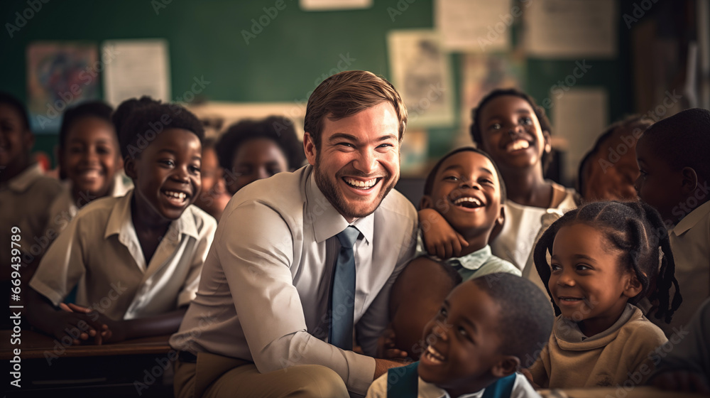 The cheerful appearance of teachers and children of various races at an elementary school - obrazy, fototapety, plakaty 