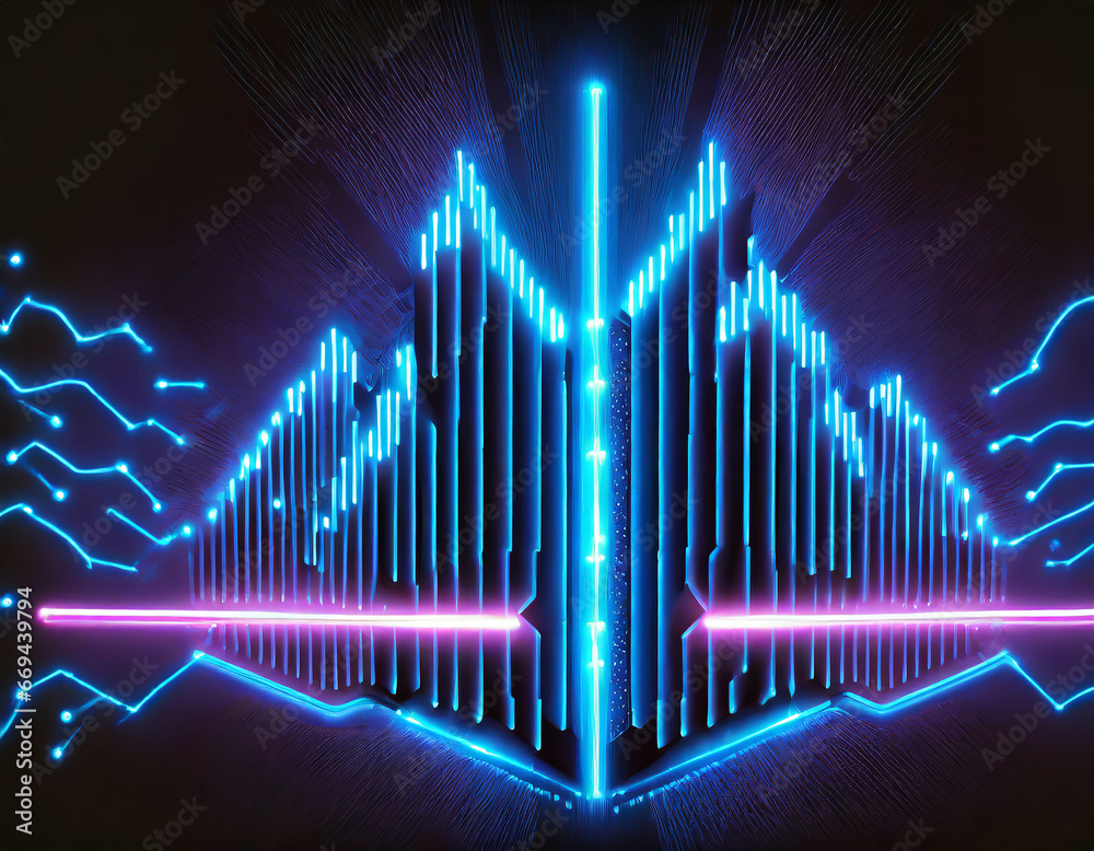 Neon vector depiction of the sound barrier breaking, dark background, intricate detail Neon vector depiction of the sound barrier breaking, dark background, intricate detail