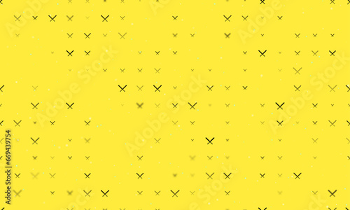Seamless background pattern of evenly spaced black baseball bats symbols of different sizes and opacity. Vector illustration on yellow background with stars