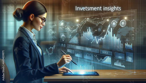 Investment Insights：ビジネスウーマンが仮想画面で資産投資チャートを分析 photo