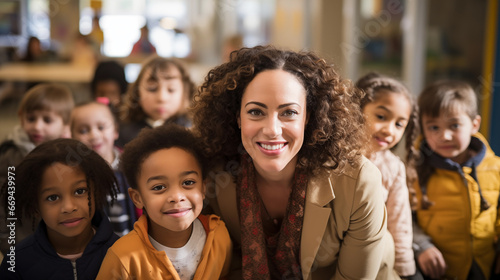 The cheerful appearance of teachers and children of various races at an elementary school