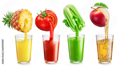 Set of four fruit juice glasses and fresh juice pouring from fruits into the glasses isolated on white background.