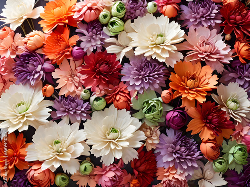 Flowers wall background with amazing red,orange,pink,purple,green and white chrysanthemum flowers ,Wedding decoration, hand made Beautiful flower wall background