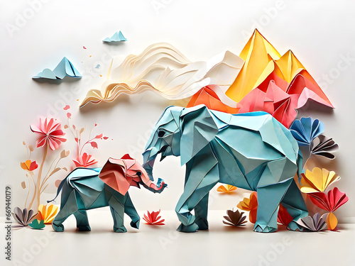 A elephant and baby elephant origami style folded paper