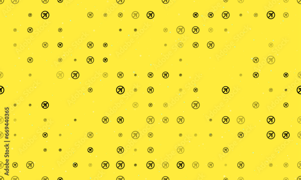 Seamless background pattern of evenly spaced black no left turn signs of different sizes and opacity. Vector illustration on yellow background with stars