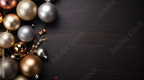 Christmas balls on the table topview surround empty space decorated christmas accessories surround.