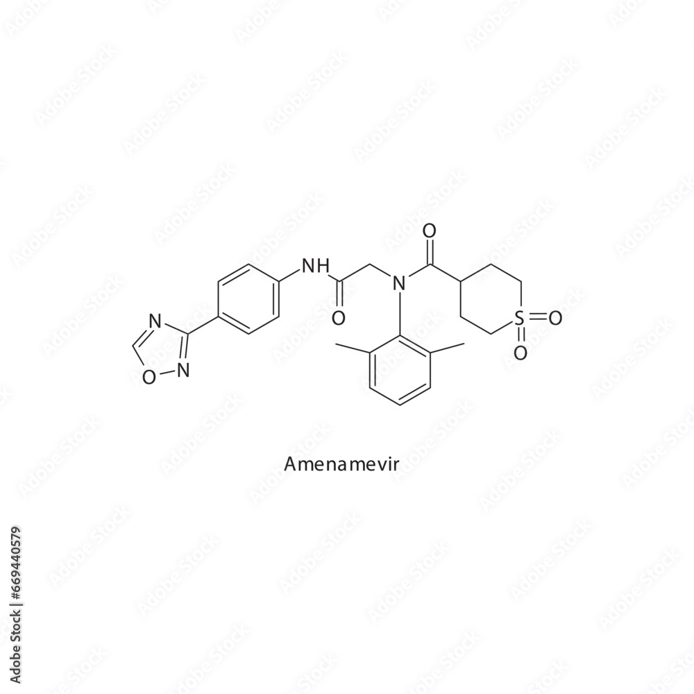 Amenamevir flat skeletal molecular structure Antiviral drug used in Herpes zoster treatment. Vector illustration scientific diagram. Amenamevir flat skeletal molecular structure Antiviral drug used in Herpes zoster treatment. Vector illustration scientific diagram.