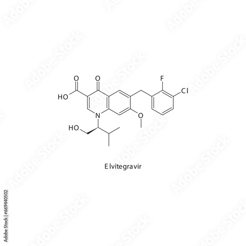 Elvitegravir flat skeletal molecular structure Integrase Inhibitor antiviral drug used in HIV treatment. Vector illustration scientific diagram.