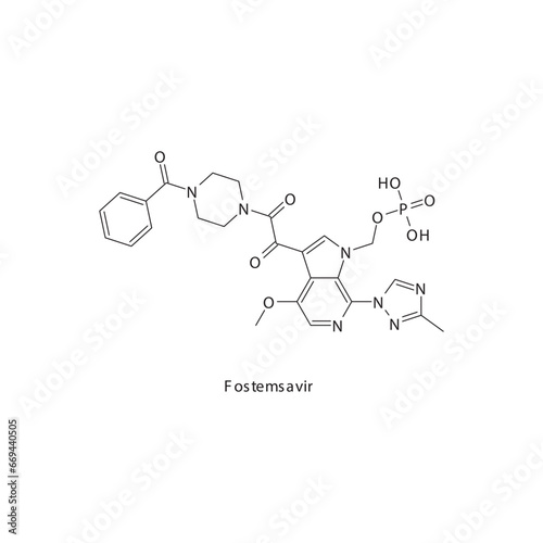 Fostemsavir flat skeletal molecular structure Entry Inhibitor antiviral drug used in HIV treatment. Vector illustration scientific diagram.