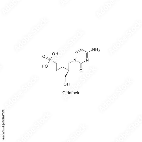 Cidofovir flat skeletal molecular structure Nucleic acid inhibitor antiviral drug used in Cytomegalovirus, CMV treatment. Vector illustration scientific diagram.