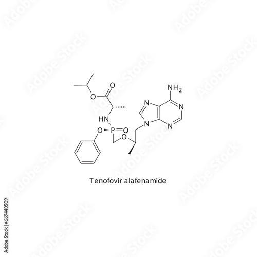 Tenofovir alafenamide flat skeletal molecular structure Reverse-transcriptase inhibitor drug used in Hepatitis B treatment. Vector illustration scientific diagram.