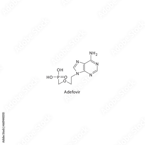 Adefovir  flat skeletal molecular structure Reverse-transcriptase inhibitor drug used in Hepatitis B treatment. Vector illustration scientific diagram.