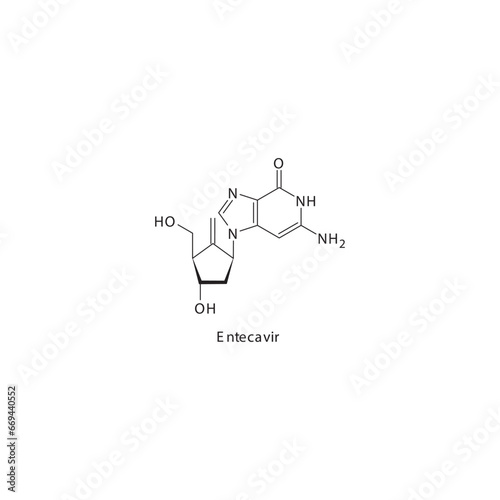 Entecavir  flat skeletal molecular structure Reverse-transcriptase inhibitor drug used in Hepatitis B treatment. Vector illustration scientific diagram.