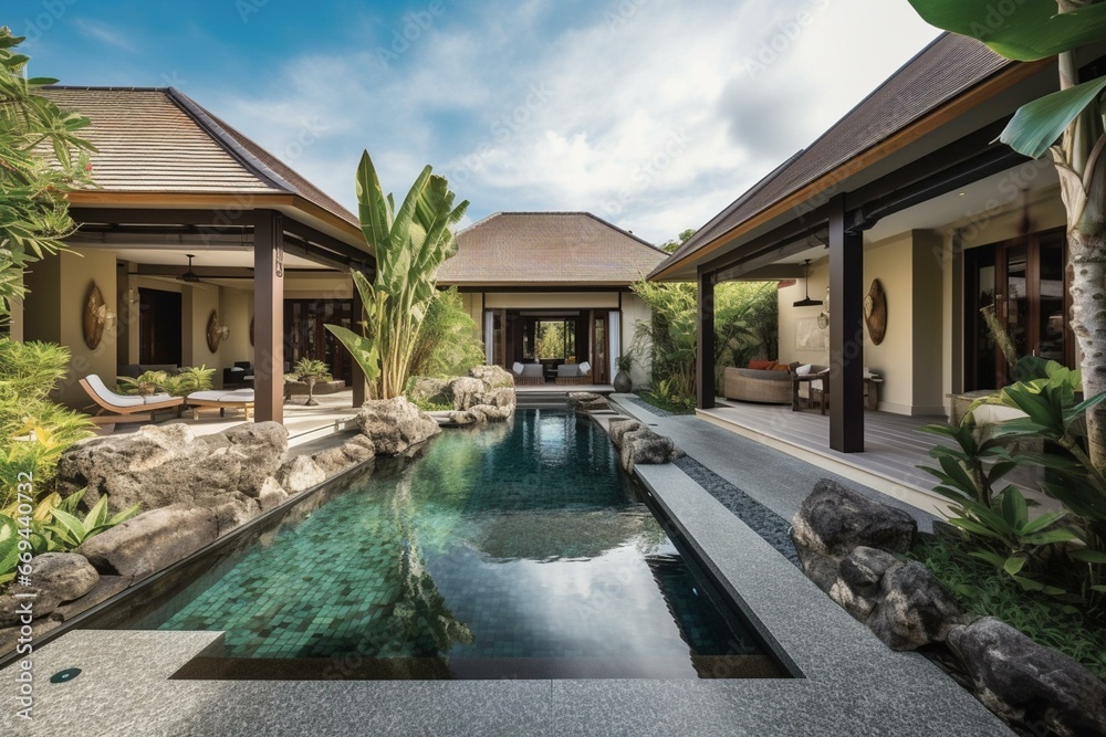 Outdoor villa with Bali-inspired luxury. Generative AI