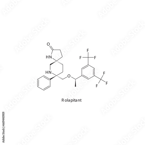 Rolapitant  flat skeletal molecular structure Neurokinin receptor antagonist NKI1 drug used in Chemotherapy induced vomiting and nausea treatment. Vector illustration scientific diagram.
