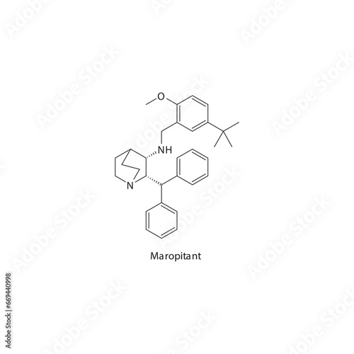 Maropitant  flat skeletal molecular structure Neurokinin receptor antagonist NKI1 drug used in Motion sickness treatment. Vector illustration scientific diagram.