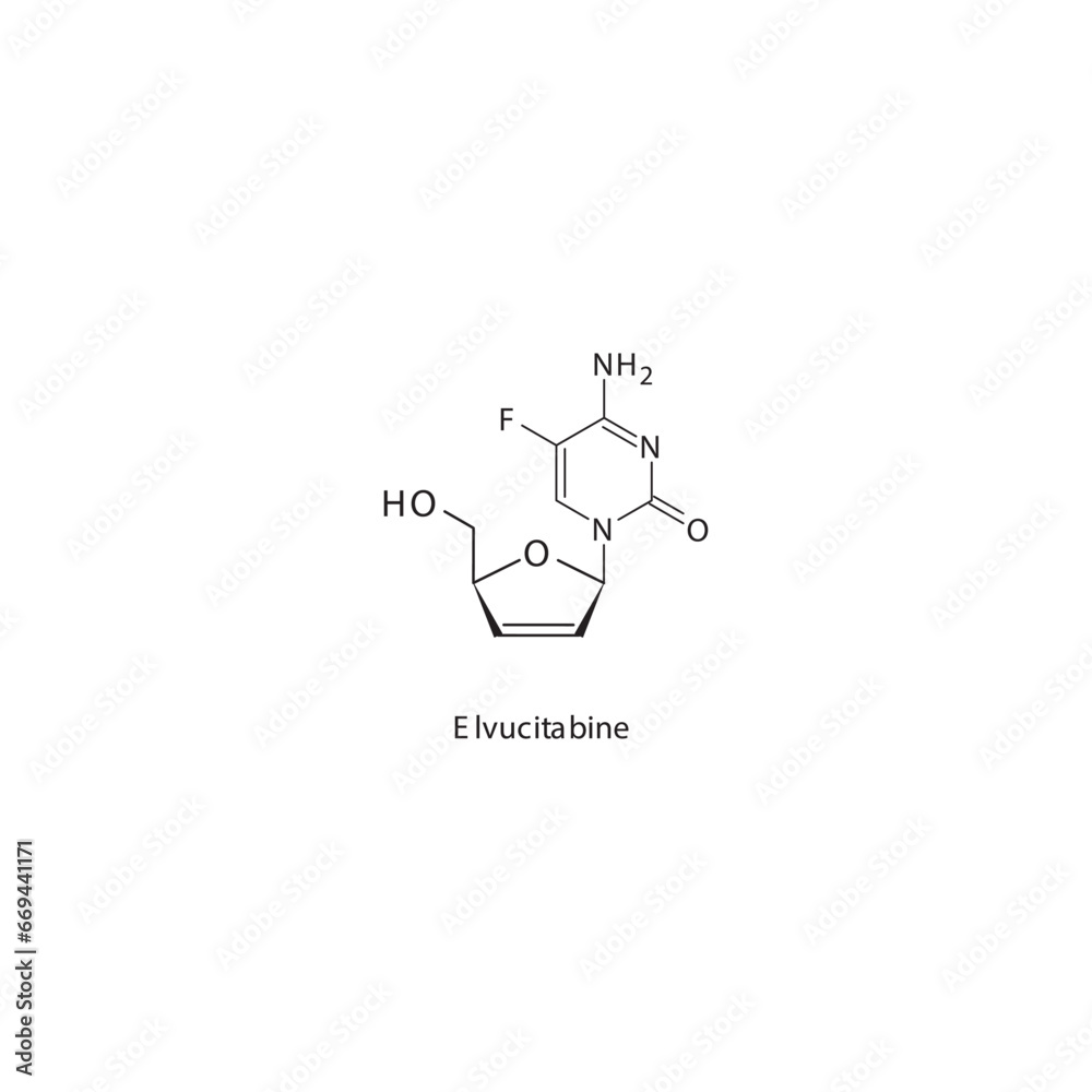 Elvucitabine flat skeletal molecular structure Reverse-transcriptase inhibitor drug used in HIV treatment. Vector illustration scientific diagram. Elvucitabine flat skeletal molecular structure Reverse-transcriptase inhibitor drug used in HIV treatment. Vector illustration scientific diagram.