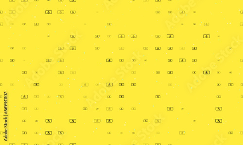 Seamless background pattern of evenly spaced black disabled road signs of different sizes and opacity. Vector illustration on yellow background with stars