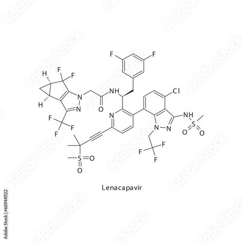 Lenacapavir flat skeletal molecular structure Reverse-transcriptase inhibitor drug used in HIV treatment. Vector illustration scientific diagram.