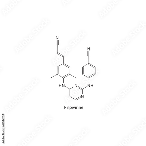 Rilpivirine flat skeletal molecular structure Reverse-transcriptase inhibitor drug used in HIV treatment. Vector illustration scientific diagram.