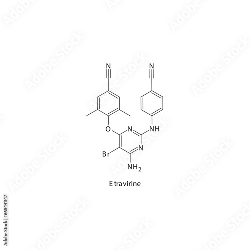 Etravirine  flat skeletal molecular structure Reverse-transcriptase inhibitor drug used in HIV treatment. Vector illustration scientific diagram.