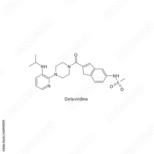 Delavirdine  flat skeletal molecular structure Reverse-transcriptase inhibitor drug used in HIV treatment. Vector illustration scientific diagram.