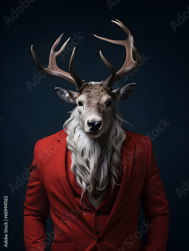 Male reindeer dressed in elegant red suit posing for Christmas, winter holiday season greeting card, AI-generated illustration