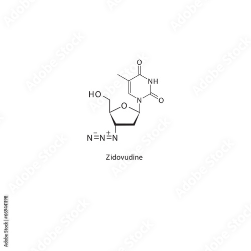 Zidovudine  flat skeletal molecular structure Reverse-transcriptase inhibitor drug used in HIV treatment. Vector illustration scientific diagram.