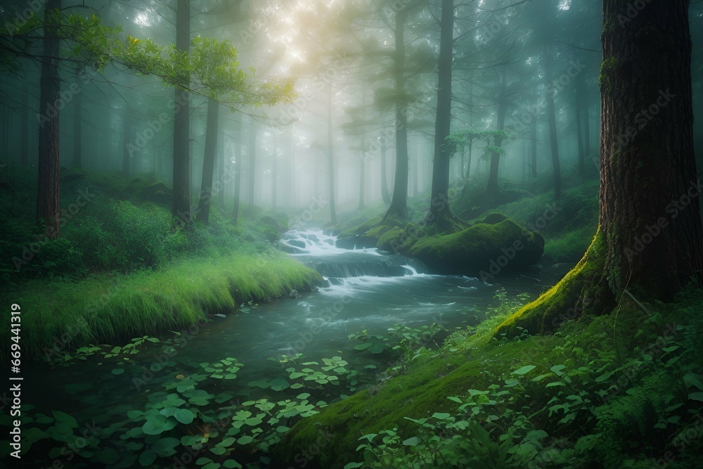 Fototapeta premium Beautiful Green Forest landscape nature scene trees bushes illustrations for story book AI Generated 