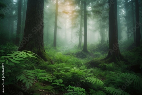 Beautiful Green Forest landscape nature scene trees bushes illustrations for story book AI Generated 