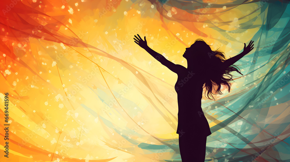 A vibrant illustration capturing the triumphant silhouette of a woman, celebrating her victory over depression amid swirling colors of hope and freedom. - obrazy, fototapety, plakaty 