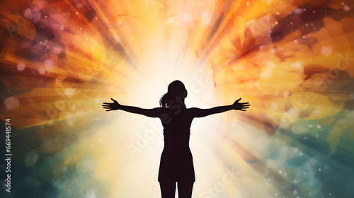 A vibrant illustration capturing the triumphant silhouette of a woman, celebrating her victory over depression amid swirling colors of hope and freedom.