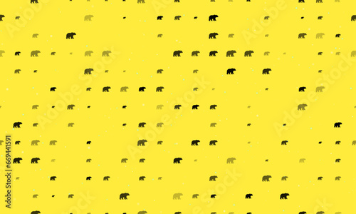 Seamless background pattern of evenly spaced black bear icons of different sizes and opacity. Vector illustration on yellow background with stars