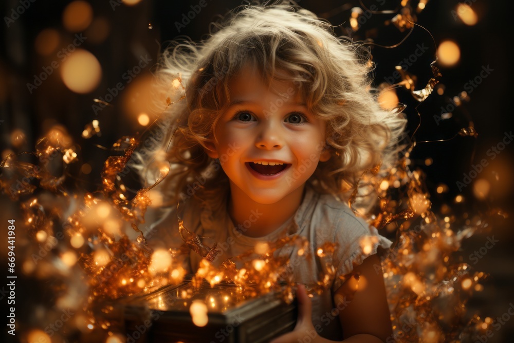 A child opening a gift box, with a burst of magical light and excitement emerging from within. Generative AI