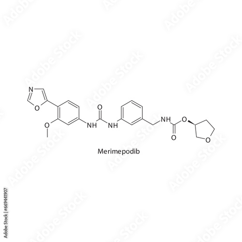 Merimepodib  flat skeletal molecular structure Antiviral drug used in COVID 19 treatment. Vector illustration scientific diagram.