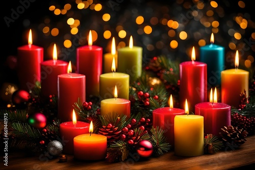 A row of colorful, glowing Christmas candles creating a warm and inviting atmosphere.