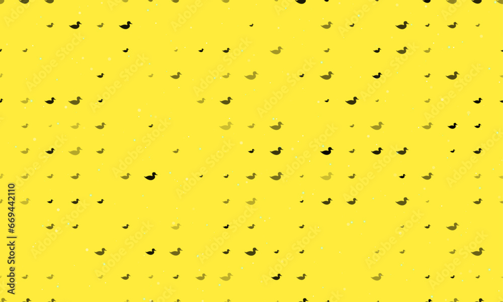 Seamless background pattern of evenly spaced black duck symbols of different sizes and opacity. Vector illustration on yellow background with stars Seamless background pattern of evenly spaced black duck symbols of different sizes and opacity. Vector illustration on yellow background with stars