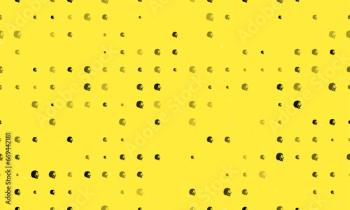 Seamless background pattern of evenly spaced black lion head icons of different sizes and opacity. Vector illustration on yellow background with stars