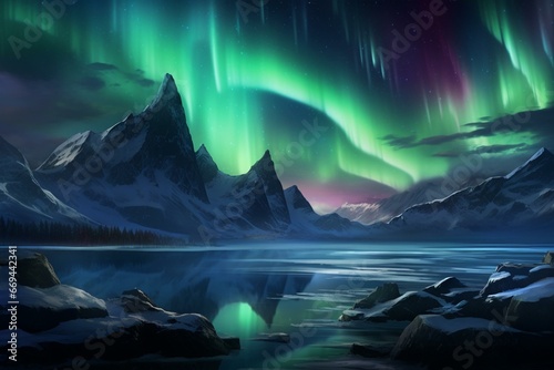 Enchanted realm with vibrant peaks and mesmerizing auroras. Generative AI