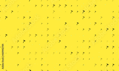 Seamless background pattern of evenly spaced black axe symbols of different sizes and opacity. Vector illustration on yellow background with stars