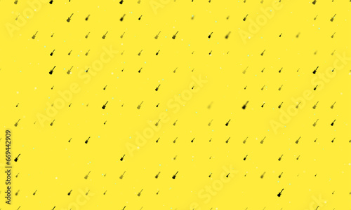 Seamless background pattern of evenly spaced black guitar symbols of different sizes and opacity. Vector illustration on yellow background with stars