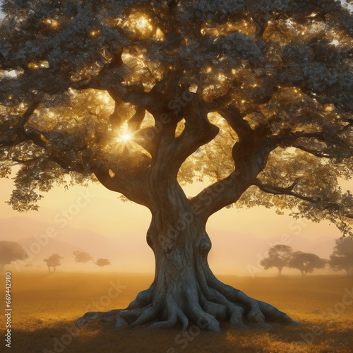 tree of life made of gold shadowing the silver moo background